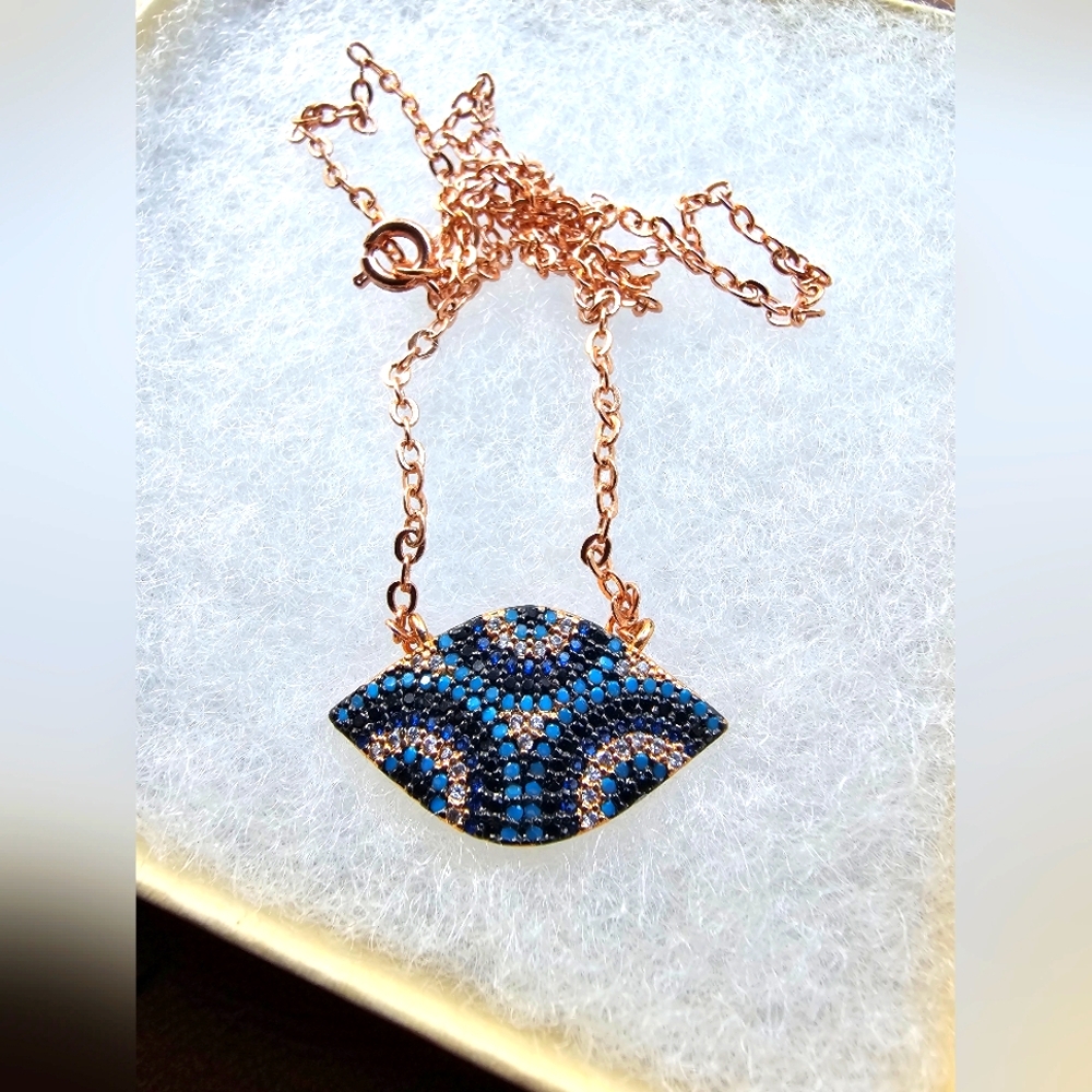 Elegant Blue Evil Eye Pendant Necklace Costume Jewlery! Rose Gold.